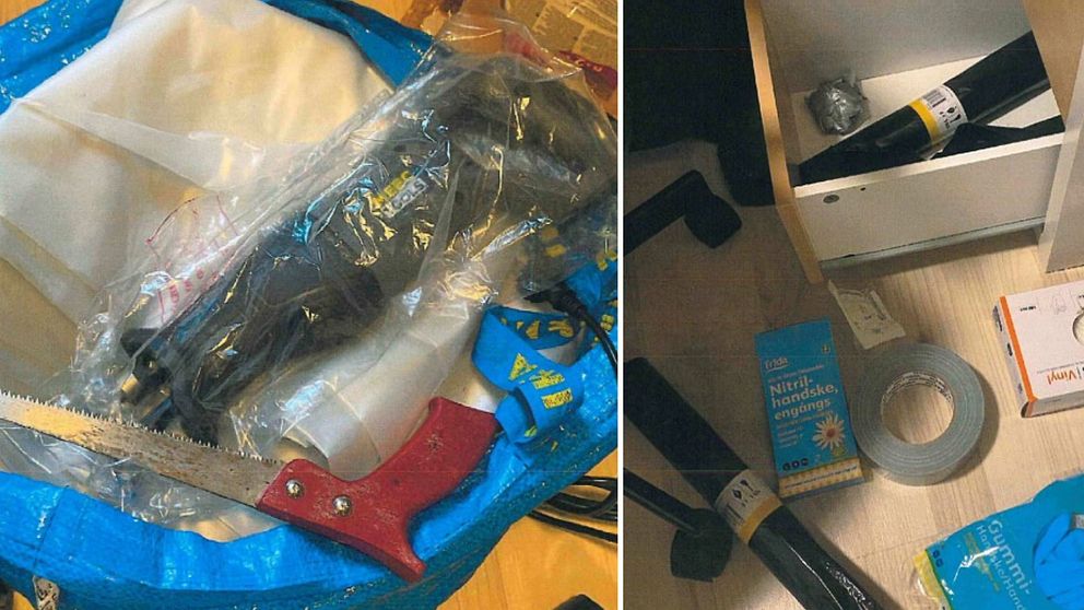 Bilder från polisens förundersökning, bland annat två sågar, svarta plastpåsar och presenning.