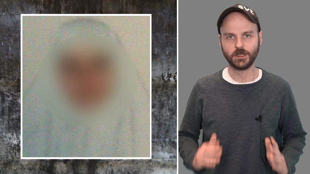 En delad bild som visar två sektioner. Den vänstra sektionen visar en suddig, otydlig figur på en grå och svart bakgrund. Den högra sektionen visar SVT:s reporter i grå tröja som står framför en neutral bakgrund och gestikulerar med händerna.