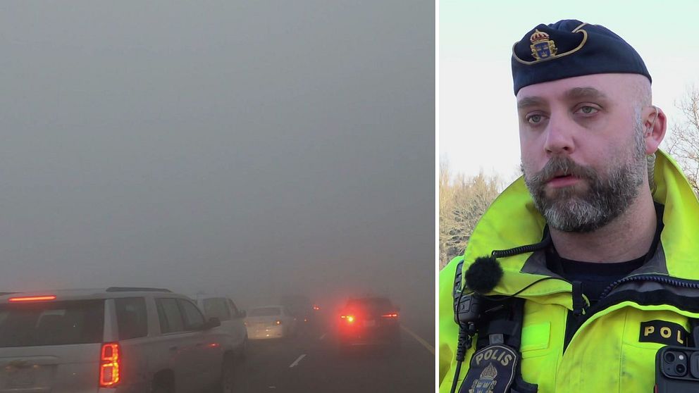 Tvådelad bild. Till vänster: dimmig väg med trafik. Till höger: Joakim Abrahamsson, trafikpolis Helsingborg, i gul jacka.