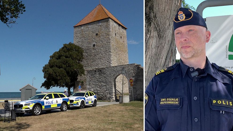 Polisbilar framför Kruttornet i Visby och lokalpolisområdeschef Emil Eisersjö.