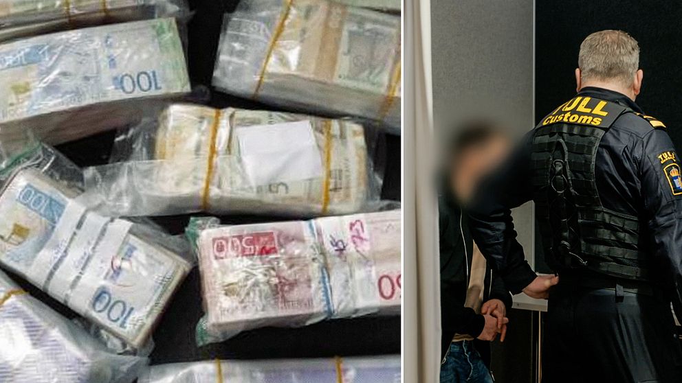 Till vänster: konfiskerade sedelbuntar. Till höger: Tullen undersöker person som har med sig kontanter.