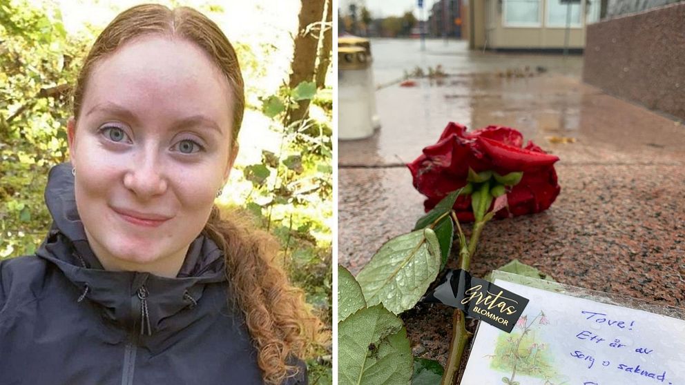 Bild på Tove och en ros vid torget i Vetlanda.