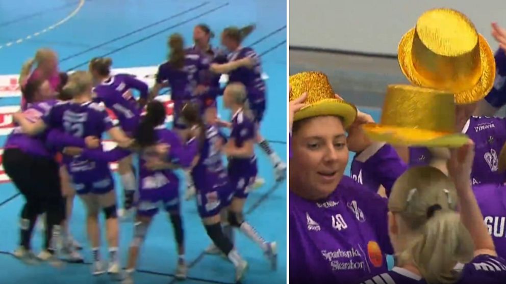 Tvådelad bild. Vänster: firande handbollsspelare. Höger: guldhattar lyfts vid firande.