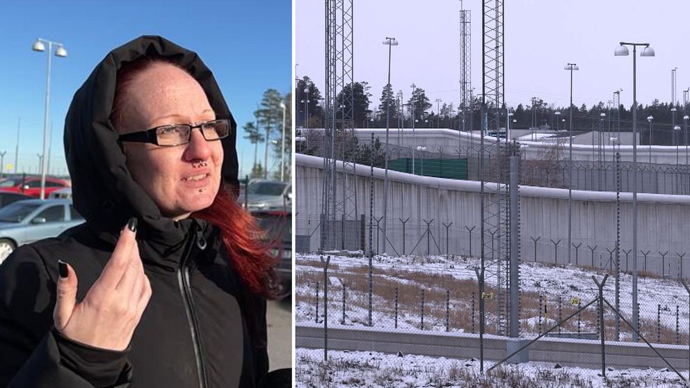Dubbelbild på Saltviksanstalten exteriört med snö innanför stängslet, och en kvinnlig kriminalvårdare och facklig representant