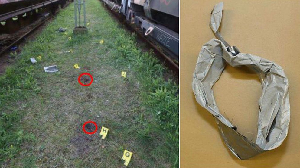Till vänster syns en bild där polisen ringat in intressanta spår vid bangården där Emilia hittades död. Till höger syns en bild på silvertejp som ska ha används vid mordet.