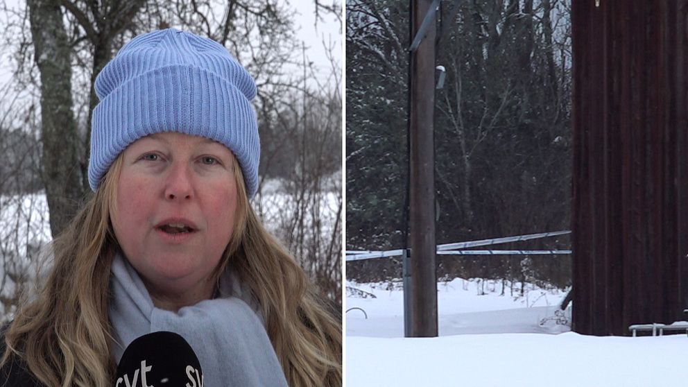 Splitbild med reporter och mordutredningsplats, stolpe, snö, polisavspärrningsband.