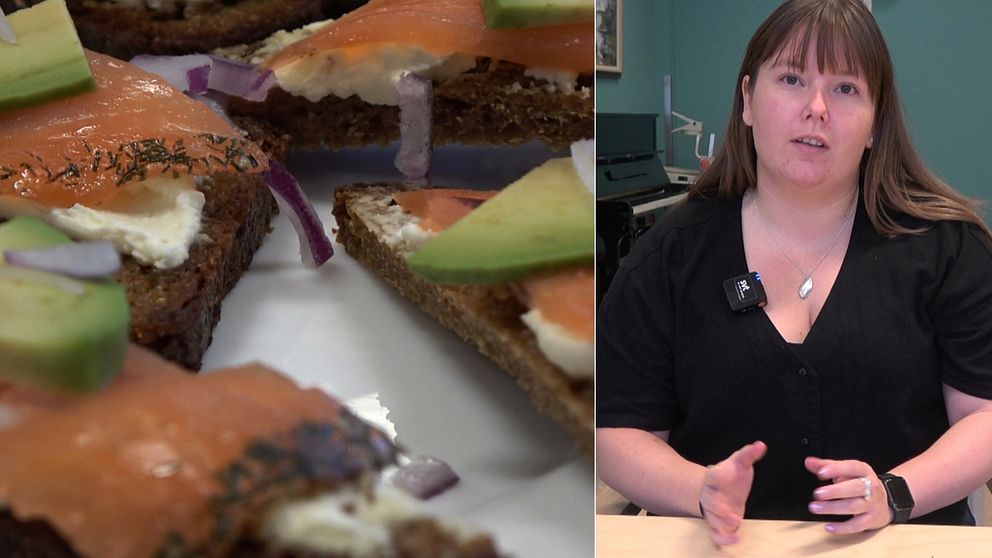 Snittar på rågbröd med lax och färskost till vänster. Linnéa Johansson, måltidsutvecklare, till höger.