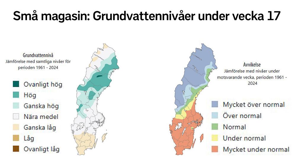 Delad bild. Vänster: karta över grundvattennivåer i Sverige. Höger: avvikelse från normalnivå.