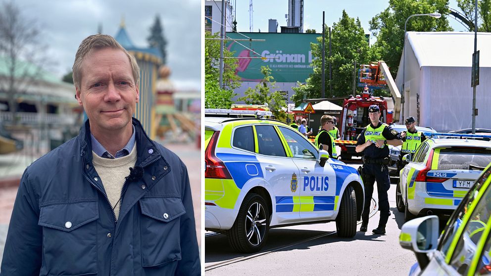 tvådelad bild, till vänster en man i blå jacka, till höger poliser och polisbilar framför Gröna Lund