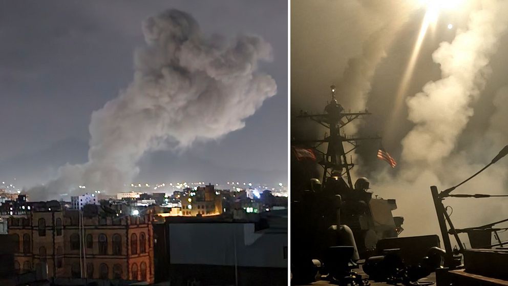 Delad bild. Vänster: explosionsrök över stad på natten. Höger: mörkt område med kraftiga strålkastare.