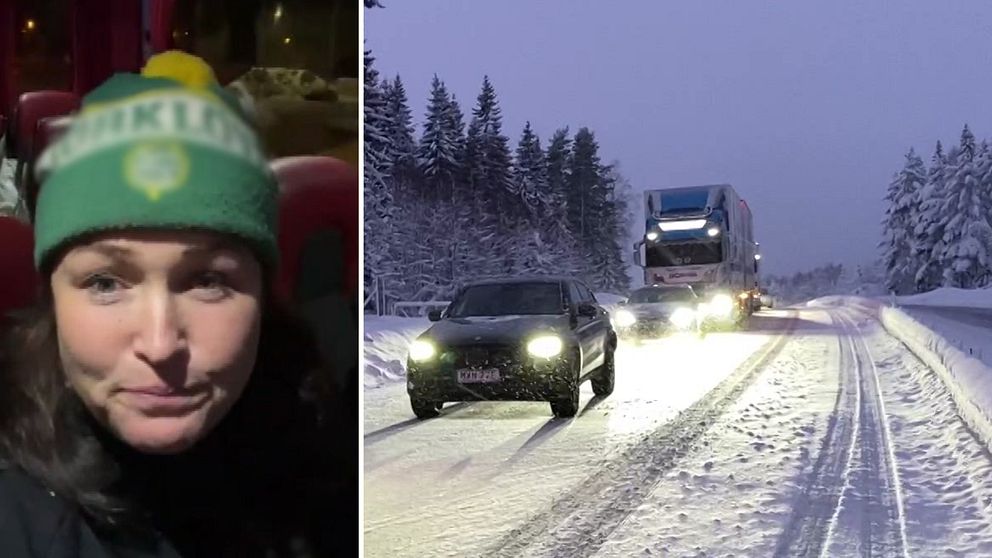 Till vänster i bild syns Linda Åström, hon satt fast i trafiken efter olyckan utanför Älandsbro i Härnösands kommun. Till höger en bild på snöig väg med bilkö.