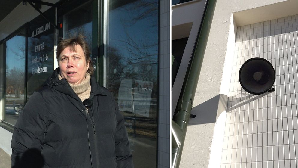 Tvådelad bild. Vänster: Helebe Eklund i svart jacka står utanför skolbyggnad. Höger: Högtalare på vit kaklad vägg.