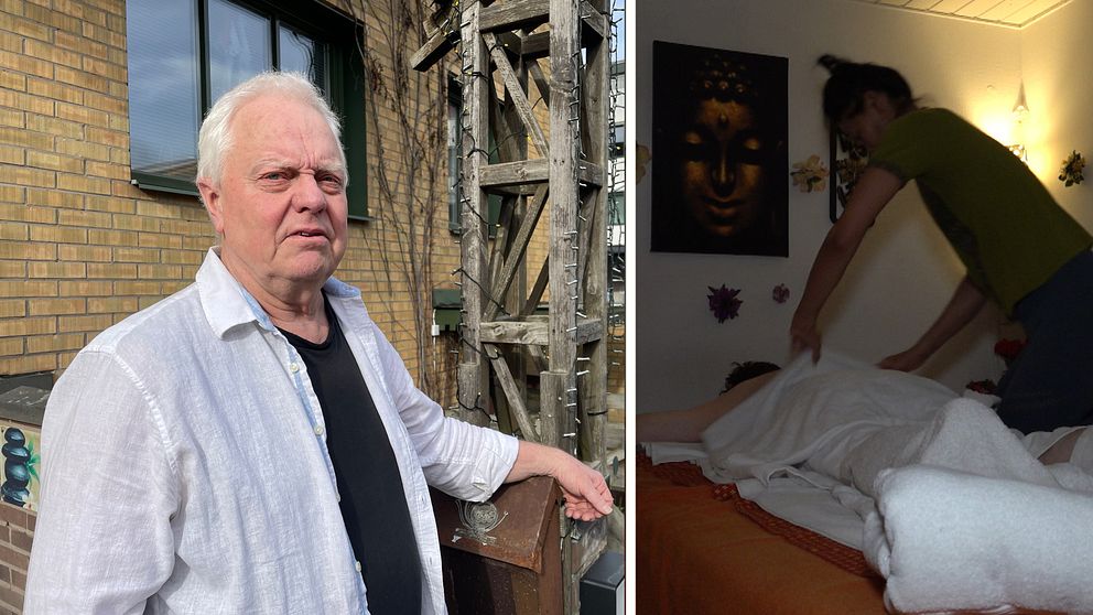 Delad bild. Vänster: äldre man i vit skjorta utomhus. Höger: massagebehandling i ett rum.