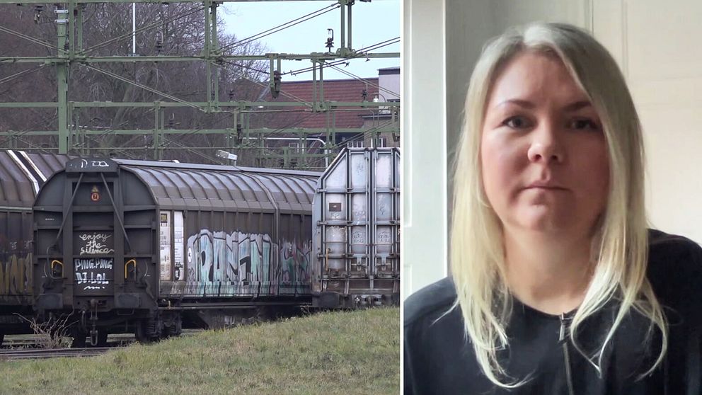 En delad bild som visar två sektioner. Den vänstra sektionen visar en tåglastbil med flera godsvagnar, varav en är täckt med graffiti, och omges av en grön miljö. Den högra sektionen visar Amanda Lublin som är doktorand i processrätt vid Stockholms universitet och som sitter framför ett fönster.