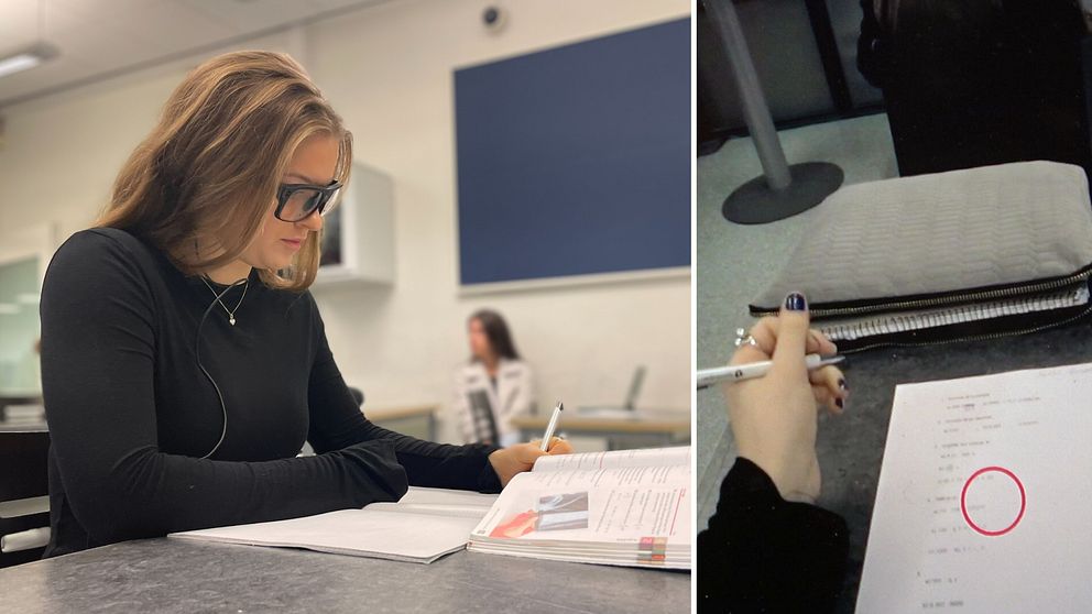 Eleven Nicolin Bossen räknar matte under en lektion på Elinebergsskolan. Ett par glasögon med eyetracking spårar hennes blick.