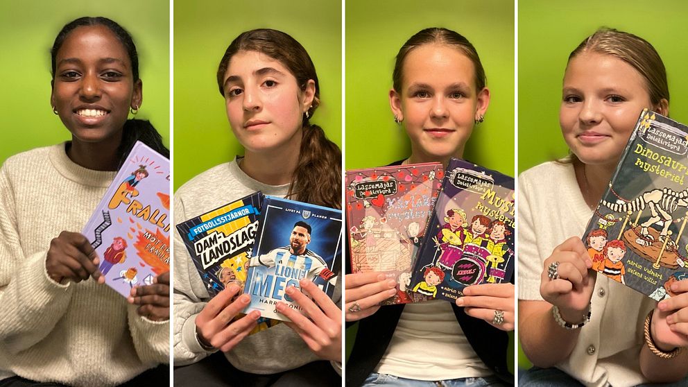 En delad bild som visar fyra personer som håller upp olika böcker. Bakgrunden är grön.