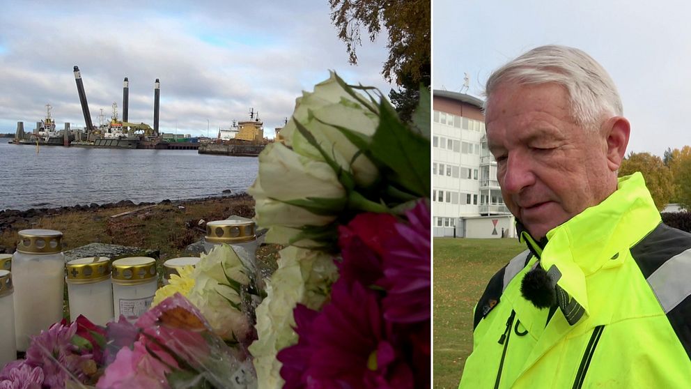 Bilder på ljus och blommor vid platsen där en ung man hittades död. I bakgrunden isbrytarna. Till höger Luleåbon Staffan Hellman som tittar ner i backen.