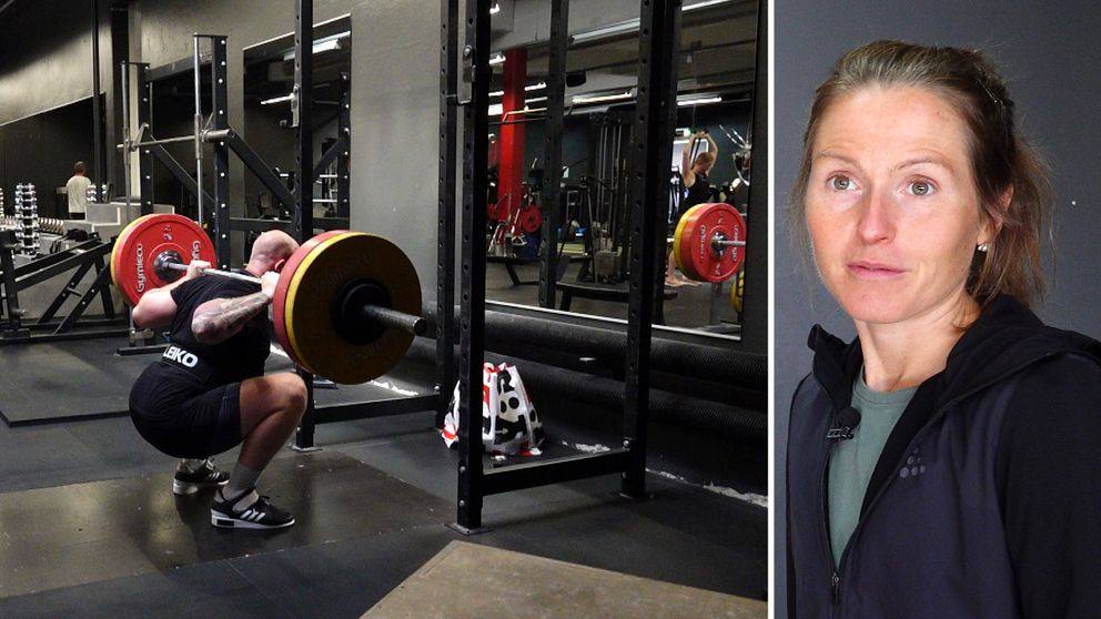 Splittbild: Kvinna till höger och man i ett gym till vänster