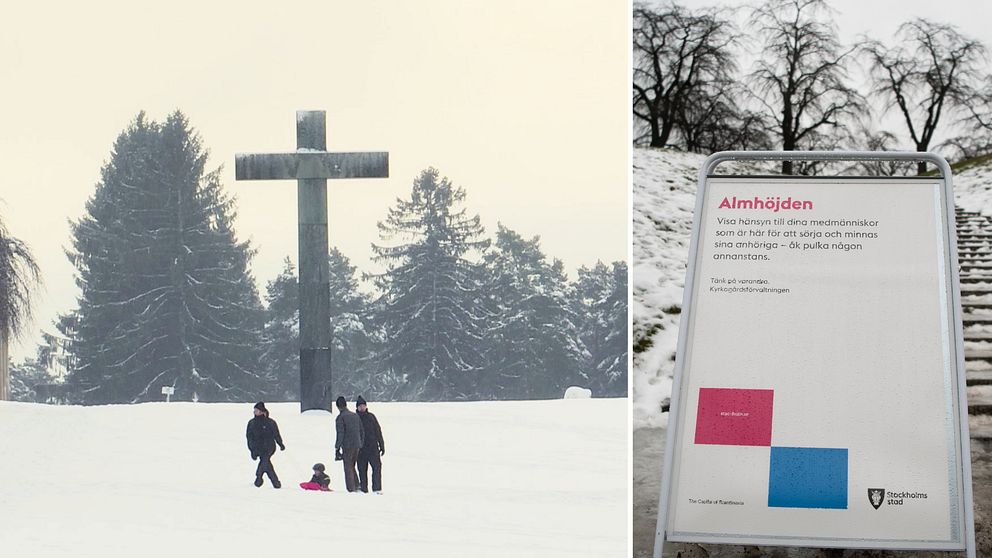 Pulkaåkare till vänster och förbudsskylt mot pulkaåkning till höger