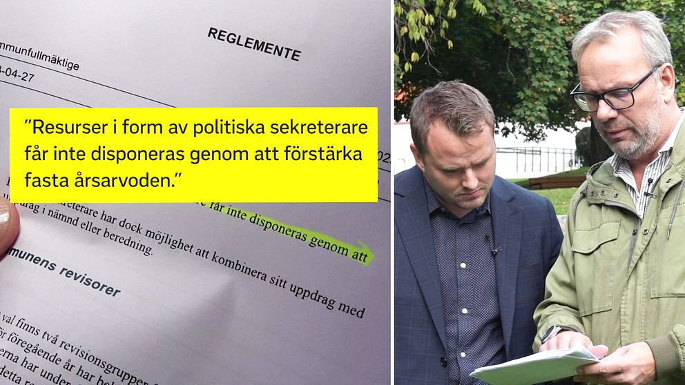 En delad bild som visar två sektioner. Till vänster finns en hand som håller ett dokument med rubriken ”REGLEMENTE” och en del av texten markerad, som lyder: ”Resurser i form av politiska sekreterare får inte disponeras genom att förstärka fasta årsarvoden.” Till höger syns två personer, Emanuel Ksiazkiewicz (S) och SVT:s reporter Jens Larsson, som tittar på S-politikerns lönespecifikationer.