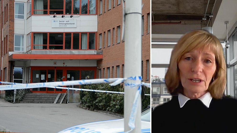 Delad bild. Till vänster: avspärrat entréområde utanför socialkontoret. Till höger: Annika Rådström, socialdirektör.