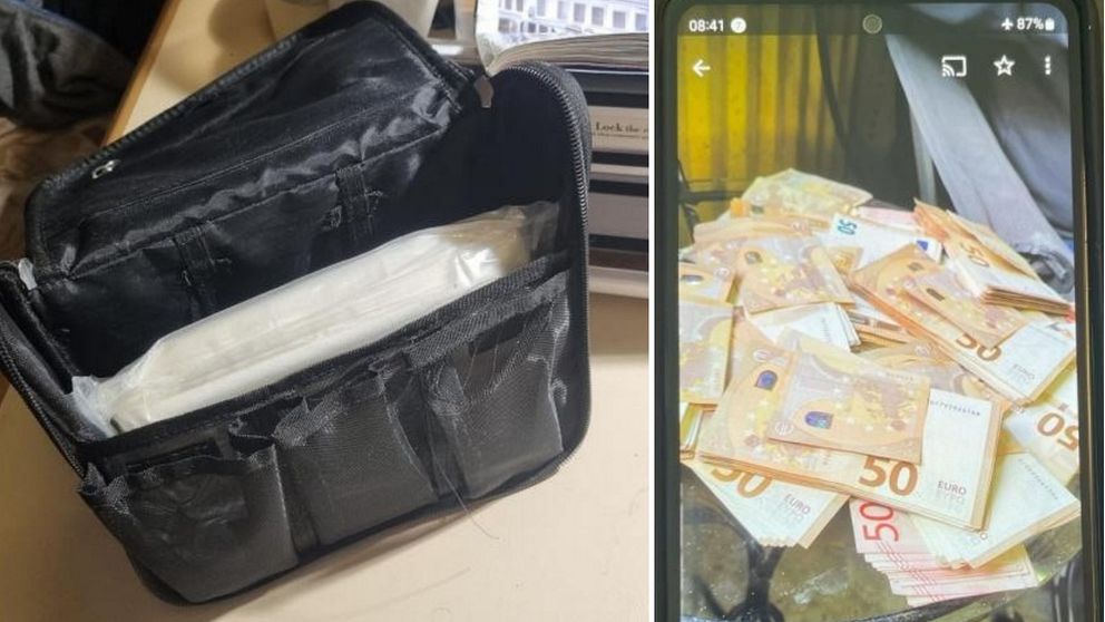 Mannens väska med två kilo amfetamin samt en hög med pengar som  mannen fotograferat med sin mobiltelefon.