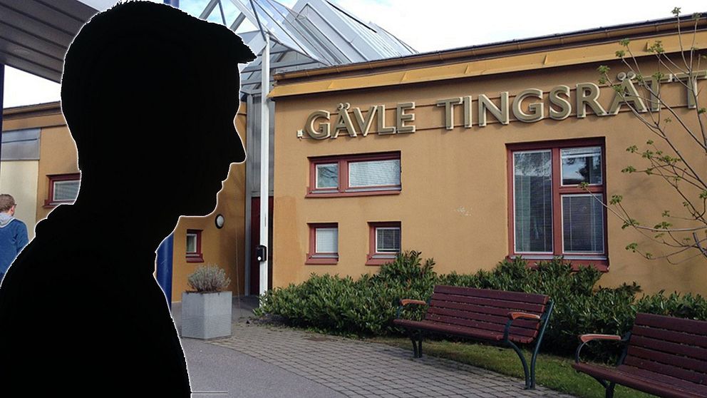 Silhuetten av en person i profil med Gävle tingsrätt i bakgrunden, som visar byggnadens namnformat i guld och omgivande vegetation samt bänkar vid entrén.