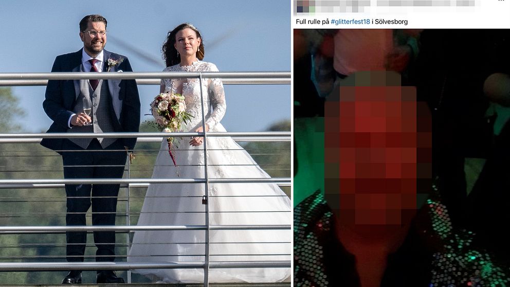 Jimmie Åkesson och en kvinna står vid ett räcke utomhus, iförda festkläder; mannen bär en kostym och kvinnan en bröllopsklänning. Kvinnan håller en bukett blommor. Till höger syns en suddig bild av en person med en glittrig skjorta i en mörk miljö.