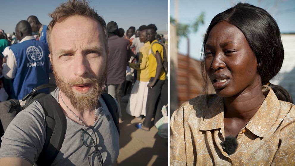 Till vänster: Man med kort hår och skägg klädd i t-shirt och bär ryggsäck. Till höger: Afrikansk kvinna med mörkt hår och gulvit skjorta.
