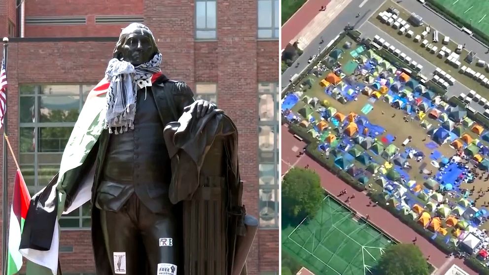 Staty av George Washington i Palestinas flagga, tältläger