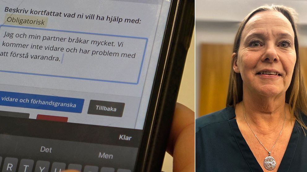 Mobil med text som syftar på en dålig relation och en kvinna i grön tröja