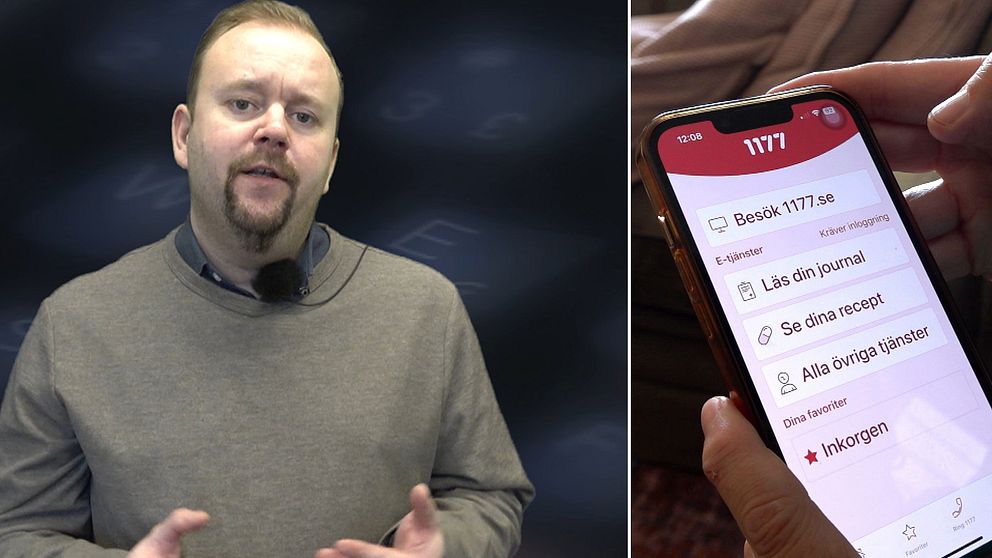 Till vänster syns en person som talar om hälsoinformation, medan till höger visas en mobilskärm med appen ”1177”, där användaren kan navigera till olika funktioner som att läsa sin journal och se recept.