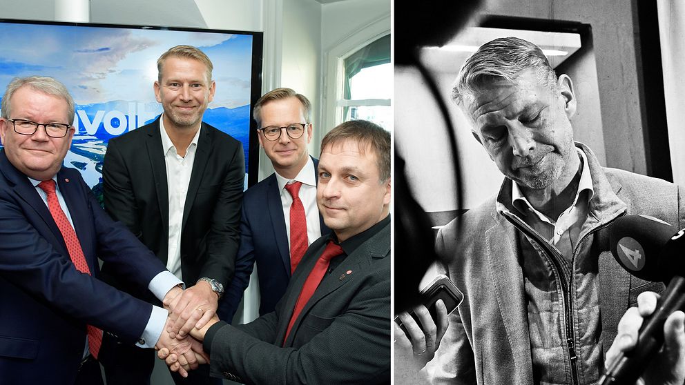 Tvådelad bild. Vänster: fyra män skakar hand. Höger: man i svartvit intervju med mikrofoner.
