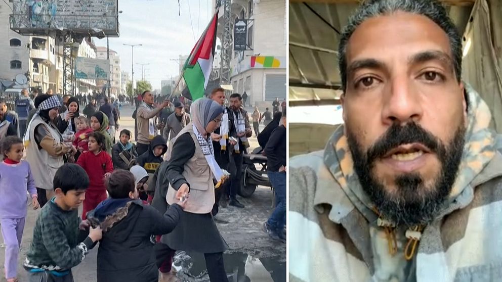 En delad bild som visar två olika scener. Den vänstra sidan visar en folkmassa som deltar i en demonstration med palestinska flaggor och aktivister, inklusive kvinnor och barn som håller varandra i handen och går på en gata. Den högra sidan av bilden visar en närbild av en person, delvis ur fokus, som sitter inomhus med industrikänsla i bakgrunden.