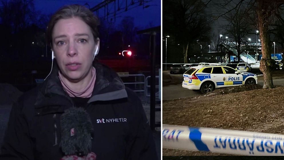 SVT:s reporter Malin Gotlin till vänster. Till högern en polisbil och avspärrningar efter en olycka vid Örebro södra.