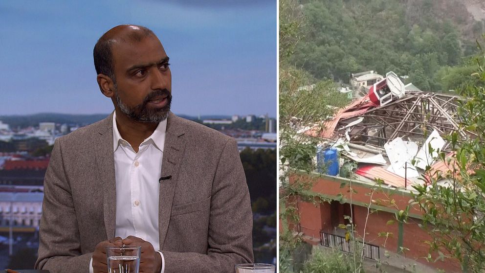 Delad bild. Till vänster: intervju i studio. Till höger: byggnad med skadad takstruktur.