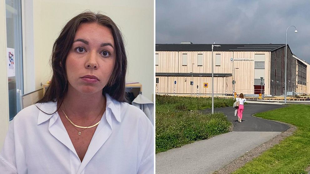 En tvådelad bild, till vänster läraren Izabelle Jersby och till höger en bild på en skola.