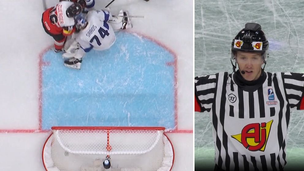Delad bild. Till vänster: hockeyspelare framför målbur. Till höger: domare med utsträckta armar.