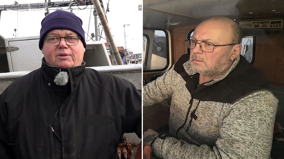 En delad bild som visar två personer i olika miljöer: till vänster står en person i arbetskläder på en båt i en hamn, och till höger sitter en annan person inne i ett båthytt.