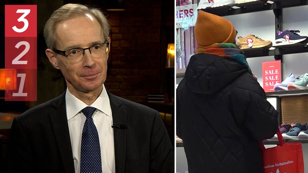 Tvådelad bild. Vänster: Person i kostym. Höger: Person med orange mössa shoppar skor.