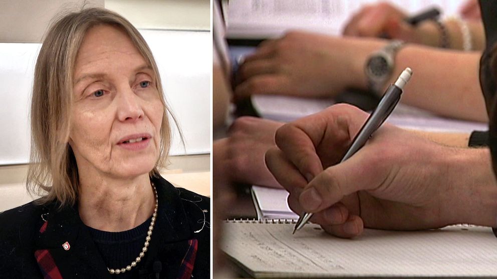 En delad bild som visar två sektioner. Den vänstra delen visar en person med en mörk kostym och pärlhalssmycke. Den högra sektionen visar en hand som håller en penna över en anteckningsbok, samtidigt som en annan hand syns i bakgrunden som skriver.