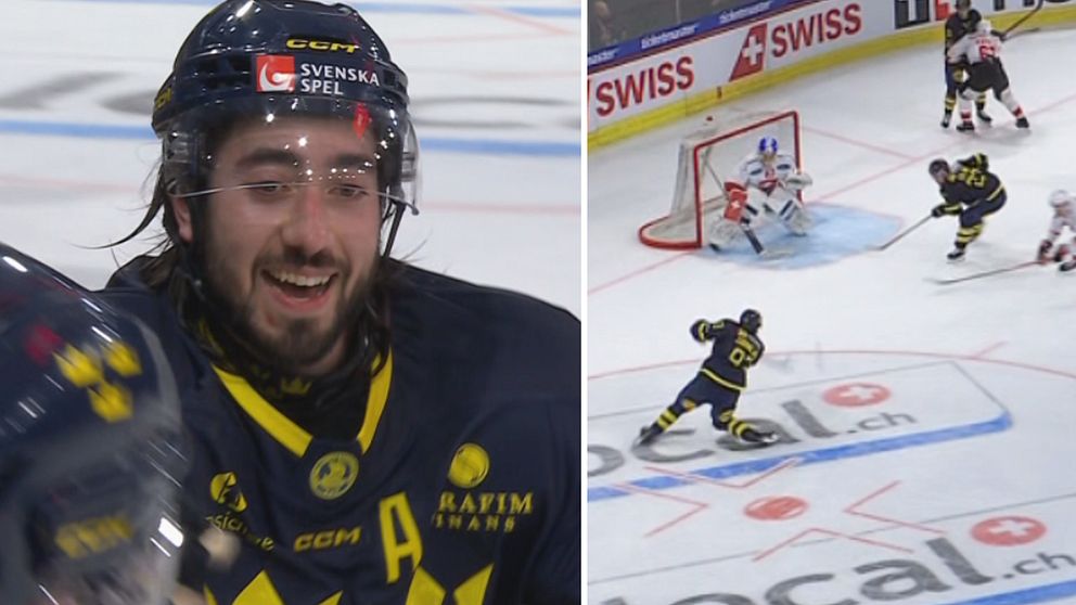 Delad bild. Vänster: hockeyspelare i svart tröja. Höger: spelare skjuter mot mål på isrink.