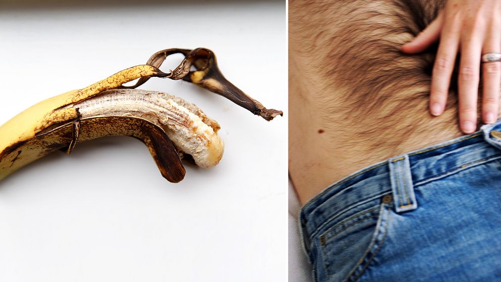Trött gulbrun banan och närbild på naken överkropp på man med hand som söker sig ned mot byxlinning