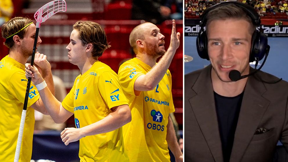 En delad bild som visar två scener. Den vänstra sektionen visar spelare i gula sporttröjor som firar ett mål på en innebandymatch, med en spelare i förgrunden som håller sin klubba i luften. Den högra sektionen visar en kommentator som sitter vid en mikrofon, iklädd en mörk jacka och hörlurar, med sportevenemanget i bakgrunden.