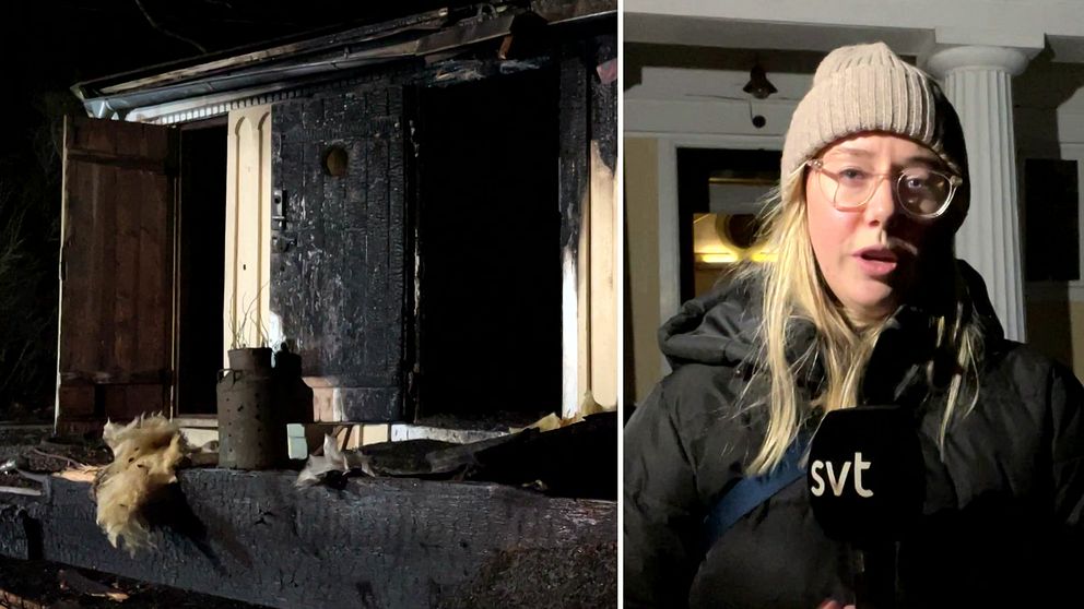 Bild visar en delad scen. Den vänstra sektionen visar en bränd fasad av en byggnad med öppna dörrar och brända föremål på marken, vilket tyder på en brand. Den högra sektionen visar en person som står framför byggnaden med en mikrofon från SVT, vilket indikerar att intervjun handlar om den aktuella händelsen.