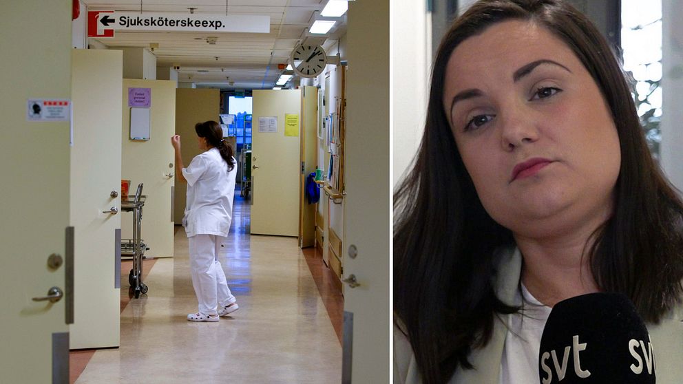 Sjuksköterska i korridor. Bild på Henrietta Modig Serrate (S) regionstyrelsens ordförande i Kronoberg.