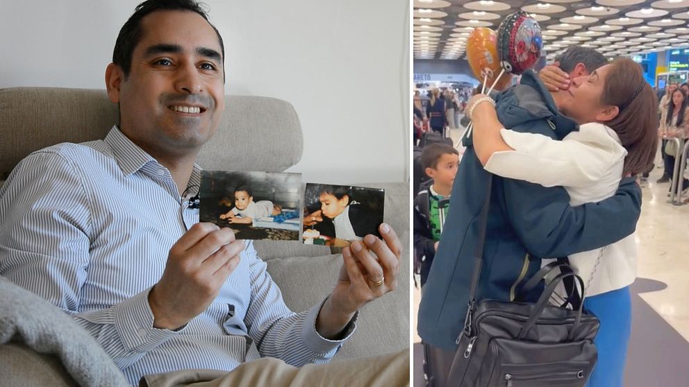 Tvådelad bild. Vänster: man håller fotografi. Höger: känslosam kram på flygplats.