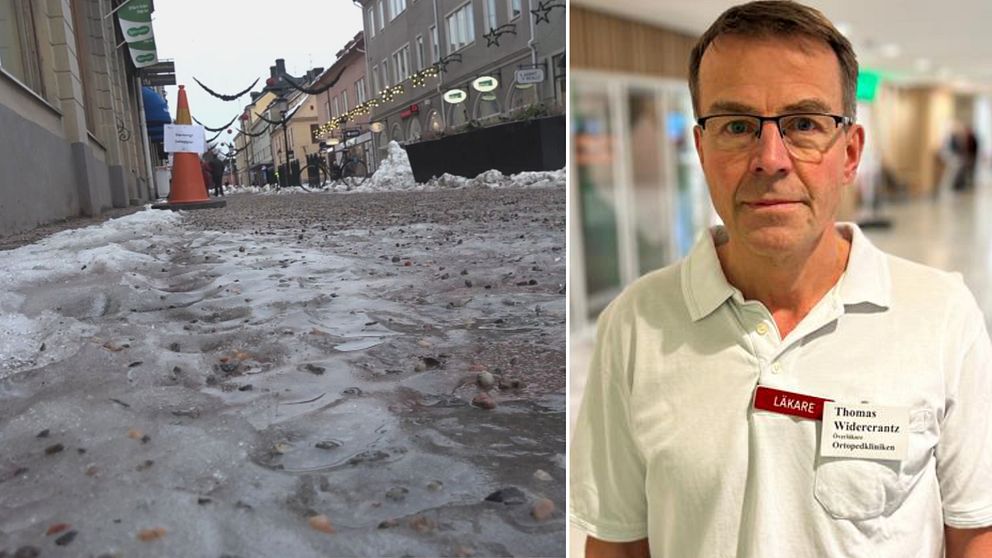 En delad bild som visar två sektioner: till vänster syns en isig och snöig gata i en stad med butiker och dekorationer, medan det till höger visas en man i vit arbetskläder med namnskylt som anger hans yrke som läkare.