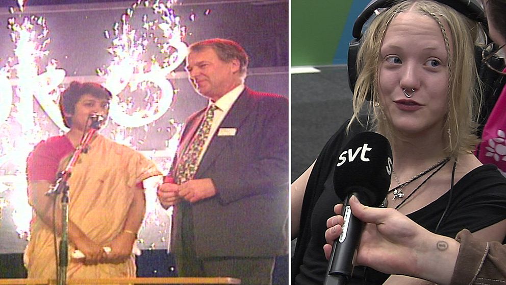 En delad bild med två sektioner. Vänster sektion visar en person i traditionell klädsel som står bredvid en man i kostym på en scen med fyrverkerier i bakgrunden. Den högra sektionen visar en annan person hörlurar på huvudet.