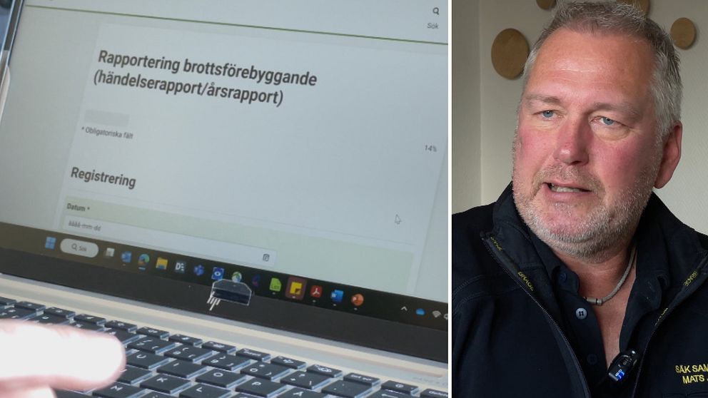 En delad bild som visar en dator med en öppen webbapplikation för rapportering av brottsförebyggande händelser på vänster sida. På höger sida syns en person, klädd i en mörk jacka, som deltar i en diskussion eller presentation. Texten på datorns skärm indikerar registrering av information relaterad till brottsförebyggande rapporter.